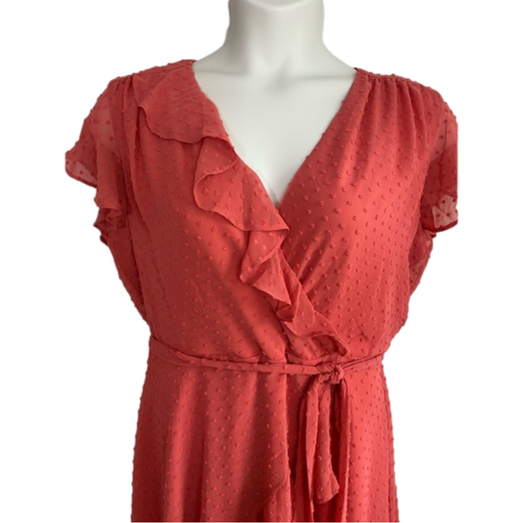 Danny & Nicole Coral Swiss Dot Chiffon Surplice Ruffle Midi Dress SKU0498 - Picture 2 of 10